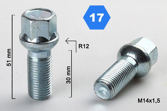 M14x1,5, Radius 12, Wielbout radius, Draadlengte 30mm, SW 17, o.a. Mercedes